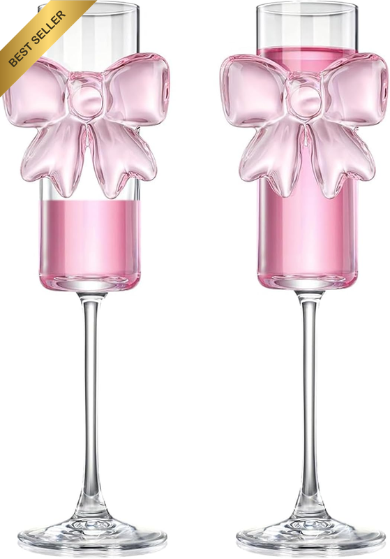 2 Pack Coquette Glass Cups 160Ml Pink Bow Champagne Clear Glasses Wine Cocktails