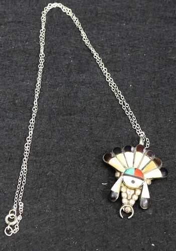 Native American Zuni Sterl Necklace Kachina Inlay Turquoise  Coral Sat #232 D-2