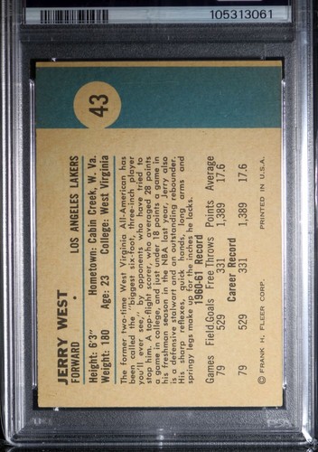 1961 Fleer #43 Jerry West Rookie Card PSA 5 EX-MT former SGC Mint 6.5, Beckett 7