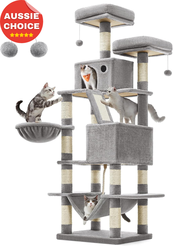 Large 168cm Cat Tree Tower with 13 Posts Perches Caves Hammock Light Grey