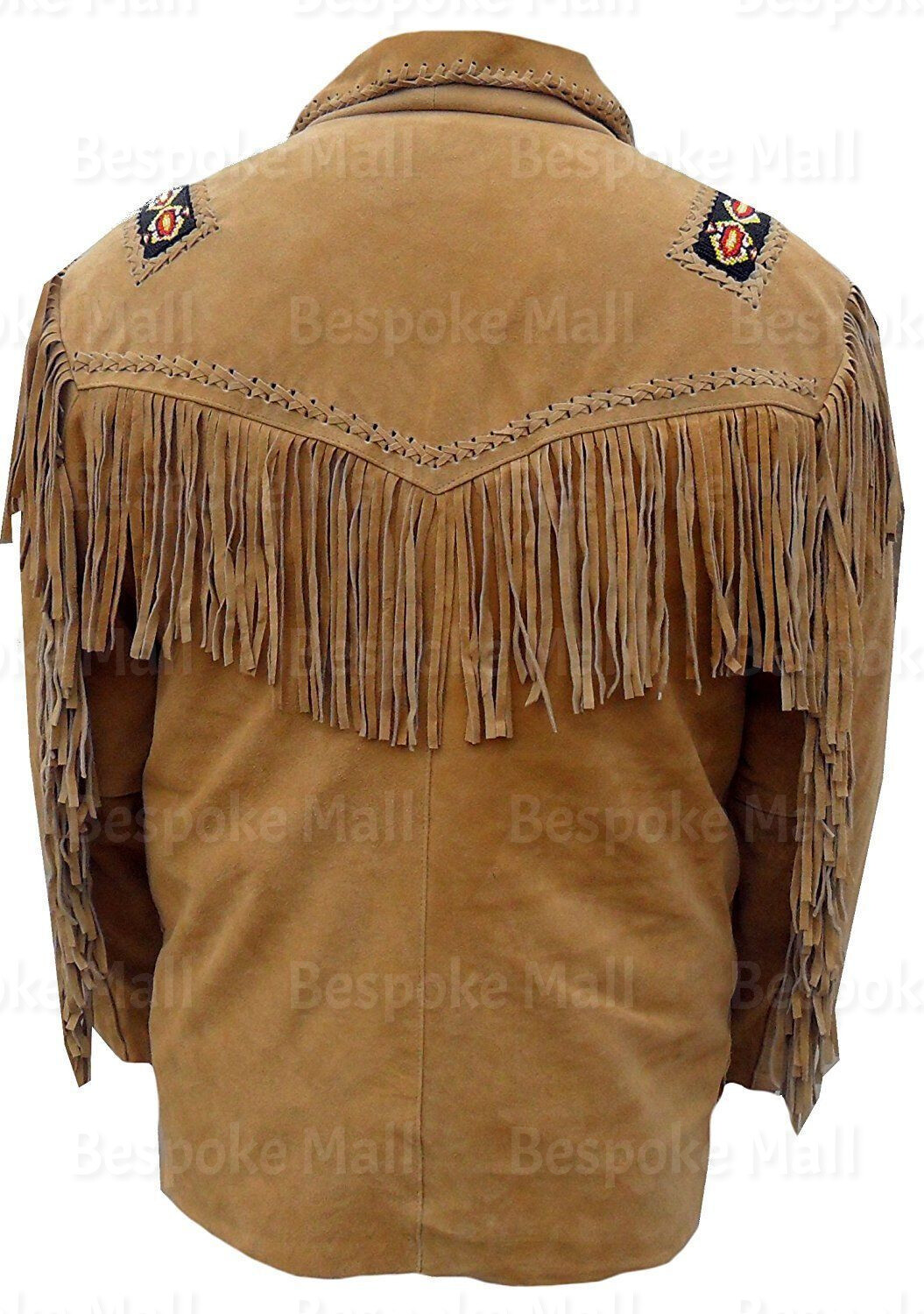 Pre-owned Handmade Men's Brown Suede Western Cowboy Style Leather Jacket With Fringe Bones-424