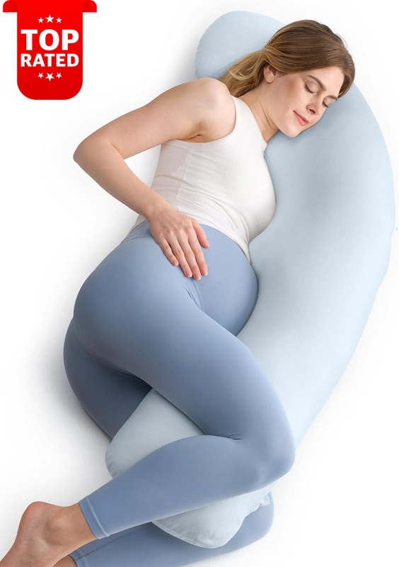 J Shaped Pregnancy Pillow for Side Sleeping Soft Jersey Cover Body Support Blue