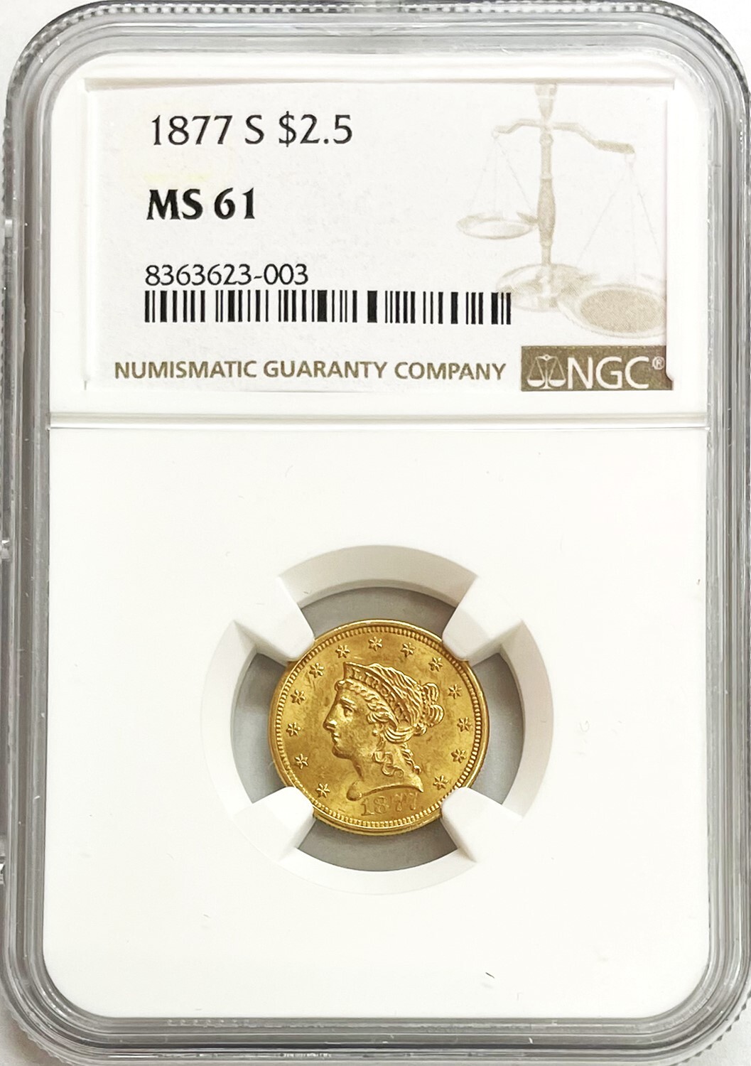 1877 S GOLD US $2.5 DOLLAR LIBERTY HEAD QUARTER EAGLE COIN
