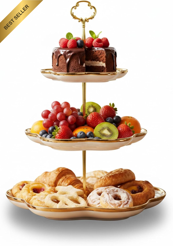 3-Tier Fruit Plate Stand – Elegant Ceramic Serving Tray with Gold Metal Handle f