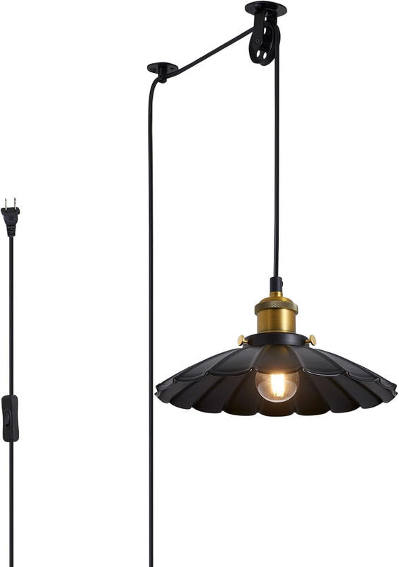 Plug in Hanging Light, Vintage Black 9.8 Inch Lampshade Plug in Pendant Light for Dining Room and Living Room, Kitchen Island Retro Hanging Lamp Fixtures