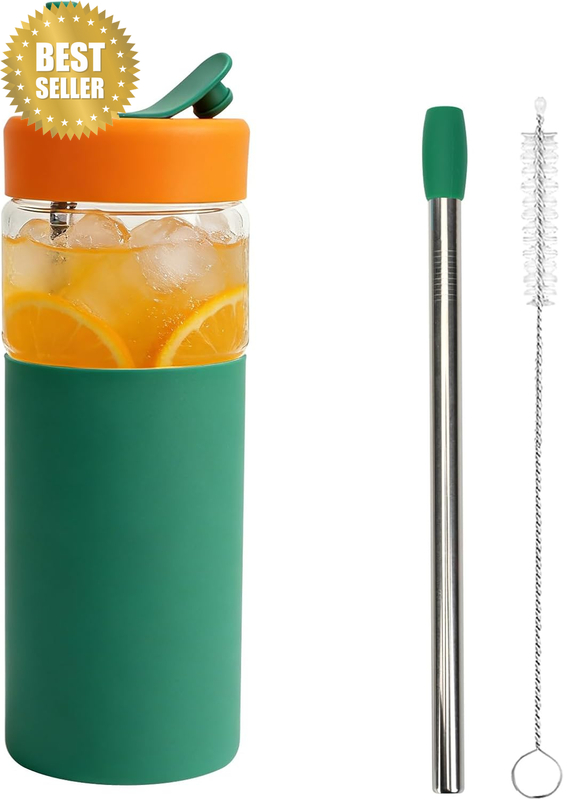 24 Oz Glass Tumbler with Silicone Lid and Straws, Borosilicate Glass Cup for Ice