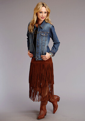 Pre-owned Stetson Womens Long Fringe Brown Leather Skirt