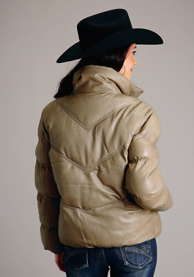 Pre-owned Stetson Womens Puffy Chevron Tan Leather Leather Jacket In Brown