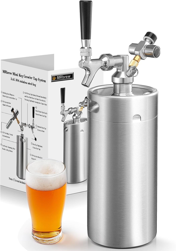 128Oz Mini Keg Growler Portable Draft Beer Dispenser System Pressurized Stainless Steel Beer Growler Tap System Home Mini Kegerator, with Professional Beer Tap and CO2 Regulator to Keep Fresh