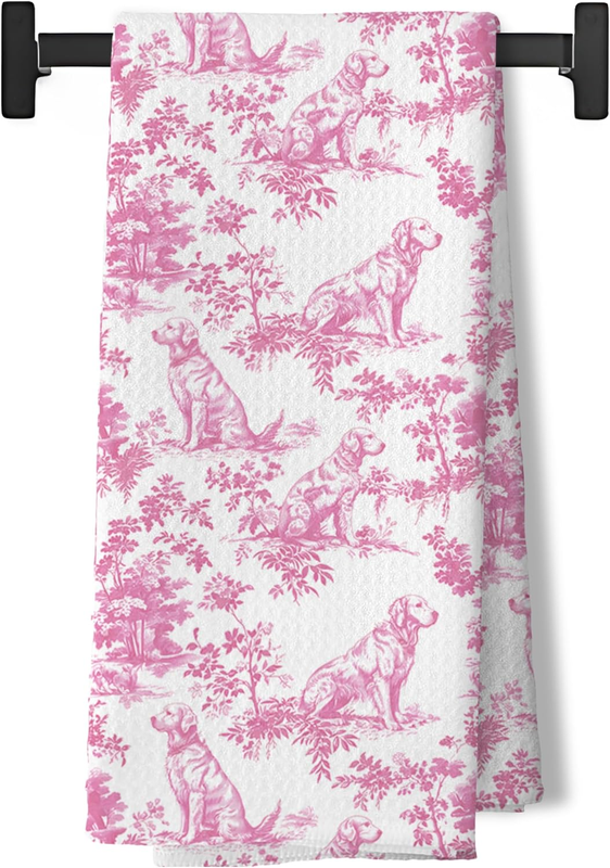 Pink Chinoiserie Golden Retriever Kitchen Towels, Pink Floral Golden Retriever D
