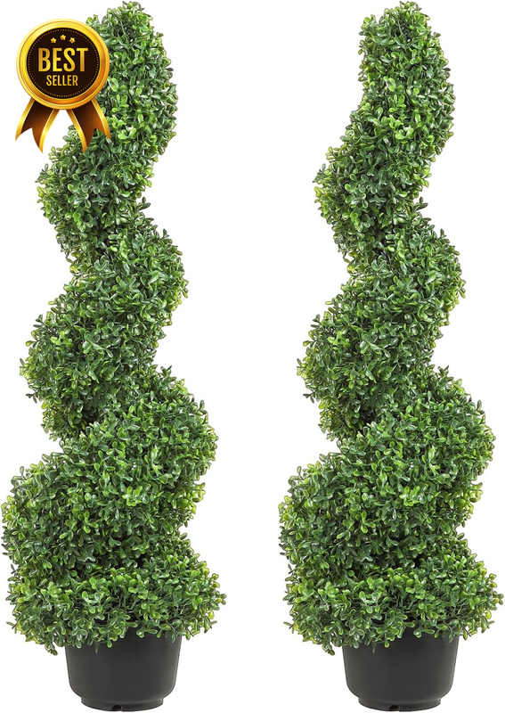 2-Pack 3-Foot Tall Artificial Boxwood Spiral Topiary-Tree Faux-Plant Set