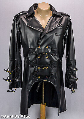 Steampunk Trench Coat Black Vinyl Double Breasted Buckled Lined Cyber Punk Coat