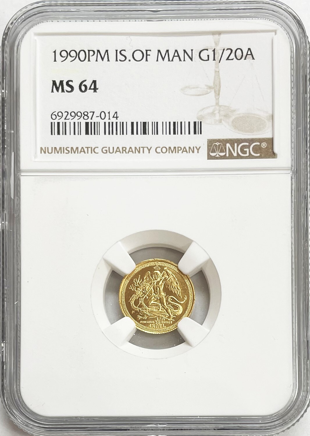 1990 PM GOLD ISLE OF MAN 1/20 OZ ANGEL COIN NGC MINT STATE