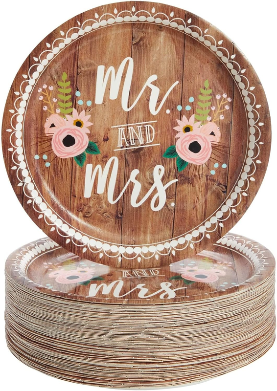 80 Count Wedding Paper Plates, Disposable Mr and Mrs Rustic-Style Reception, Bri