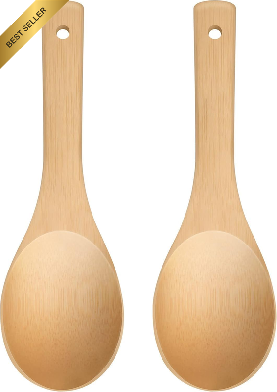 Bamboo Rice Paddle 2Pcs Wooden Spoons for Serving Utensil, Wood Rice Scooper Spo