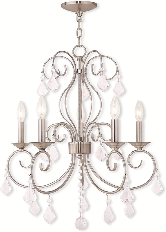 Chandeliers 5 Light with Clear Crystals Brushed Nickel Size 22 in 300 Watts -