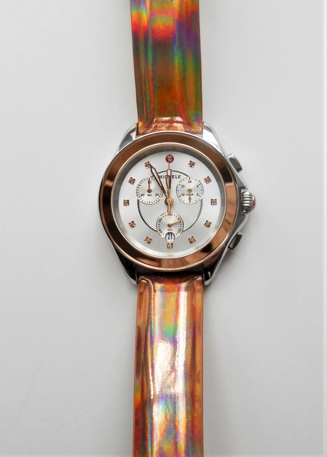 Pre-owned Michele Cape Chrono Diamond Topaz Leather Strap Watch Rose Gold Silver Bnib $595