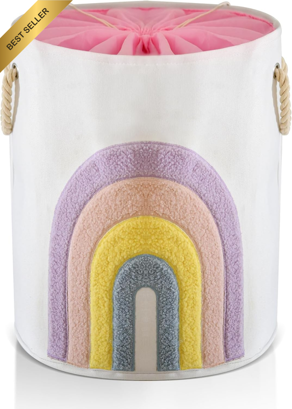 Baby Laundry Basket Pink Baby Hamper, Canvas 58L XL Baby Clothes Basket with Dra