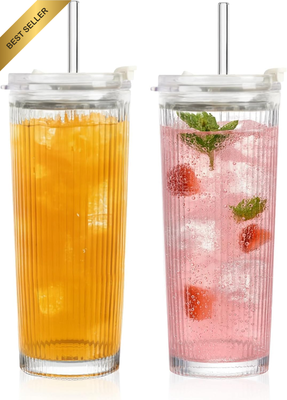18Oz Glass Cup with Ribbing, Straw, and Lid, Iced Coffee Cup, Set of 2, Leak-Pro