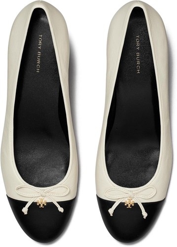 Pre-owned Tory Burch Women Leather Shoes Cap Toe Pumps Light Cream Perfect Black In White