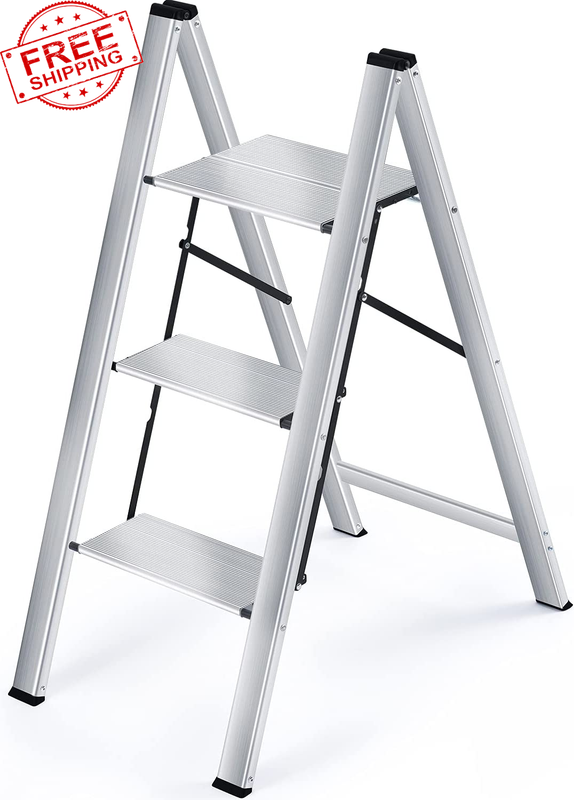 Step Ladder, 3 Step Aluminium Folding Ladder, Portable Slim 