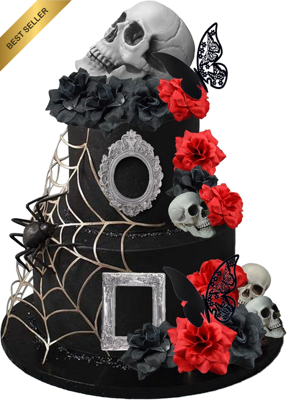 19 PCS Halloween Cake Topper Gothic Rose Skull Cake Topper with Black Butterfly