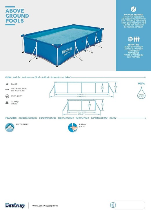 $ 10 DISPONIBLE A PARTIR DEL DÍA 9 DE JUNIO SÓLO ENVÍOS A PENÍNSULA Tamaño: 400 x 211 x 81 cm Construcción de acero tubular con revestimiento de protección contra la corrosión. Detalles técnicos Peso del producto 33 Kg Dimensiones del producto 30 x 36 x 105 cm Edad mínima recomendada (por el fabricante) 18 años y más Tipo(s) de material Poliuretano Color Azul Descripción del producto Tamaño:400 x 211 x 81 cm Descripción del producto Otras características: Altura: 810 mm Altura del paquete: 1050 mm Altura interna: 73 cm Ancho: 4660 mm Ancho del paquete: 360 mm Ancho interno: 4 m Cantidad mínima del pedido: 1 pieza(s) Capacidad: 5700 L Color del producto: Azul Cuadro: Si Forma: Rectangular Instrucciones de instalación: Si Material: PVC Número de personas necesarias para la configuración: 3 personas(s) Parche de reparación incluido: Si Peso del paquete: 32,4 kg Profundidad: 2760 mm Profundidad del paquete: 300 mm Tiempo de instalación: 20 min Tipo de embalaje: Caja Volumen del paquete: 0,113 m³ Contenido de la caja (Contents: una piscina).Bestway siempre contigo Nuestro objetivo principal es tu diversión, por eso trabajamos para llevarte nuestros productos a tu jardín, patio o terraza, para que puedas disfrutar de tu tiempo libre. 56405 Piscinas Steel Pro by Bestway Te presentamos nuestra generación de piscinas sin instalación Steel Pro. Los materiales que se han usado para su construcción están diseñados especialmente para aportar durabilidad y estabilidad a nuestras piscinas. Tienen el tamaño perfecto para poder instalarlas en tu jardín o patio y disfrutarlas durante el verano sin complicaciones, ni engorrosos sistemas. Infinitas posibilidades de diversión al sol Nuestra generación de piscinas sin instalación Steel Pro Series, están diseñadas para que puedas disfrutar de las ventajas de tener en tu jardín una piscina sin tener que sufrir los inconvenientes de los modelos de obra. Puedes desmontarla cuando llegue el invierno o cuando necesites más espacio en tu jardín y montarla nuevamente cuando lo requieras. Bestway significa verano No lo dudes, hazte con una y empieza a disfrutar de los días al sol. Saca el máximo provecho a tu patio o jardín instalando una este verano. Características principales Instalación sencilla sin herramientas Fabricada en material Tritech ultra resistente Válvula de drenaje de control de flujo incorporada (con el adaptador incluido) Parche de reparación adhesivo subacuático Paredes laterales de 3 capas de PVC resistente y poliéster Marcos de metal resistente a la corrosión Tamaño: 400x211x81cm Capacidad para 5.700 litros al 90%Máxima durabilidad: Tritech ultra resistente y acero Construida en material Tritech, un material reforzado de 3 capas con un núcleo de malla de poliéster encerrado entre dos capas de material de PVC de alto calibre. Esto crea un espesor total de 0.40-0.80mm (16-32 calibre) dependiendo del tamaño de la piscina, ofreciendo fuerza y durabilidad superior. Además, incluye un marco de acero al carbono que aporta estabilidad.Sin herramientas. Fácil montaje Para el montaje o desmontaje no necesitarás herramientas, nuestro sistema de fácil ensamblaje proporciona simplicidad al proceso. Además nuestras piscinas incluyen una válvula de vaciado para desmontarla aún más fácilmente.