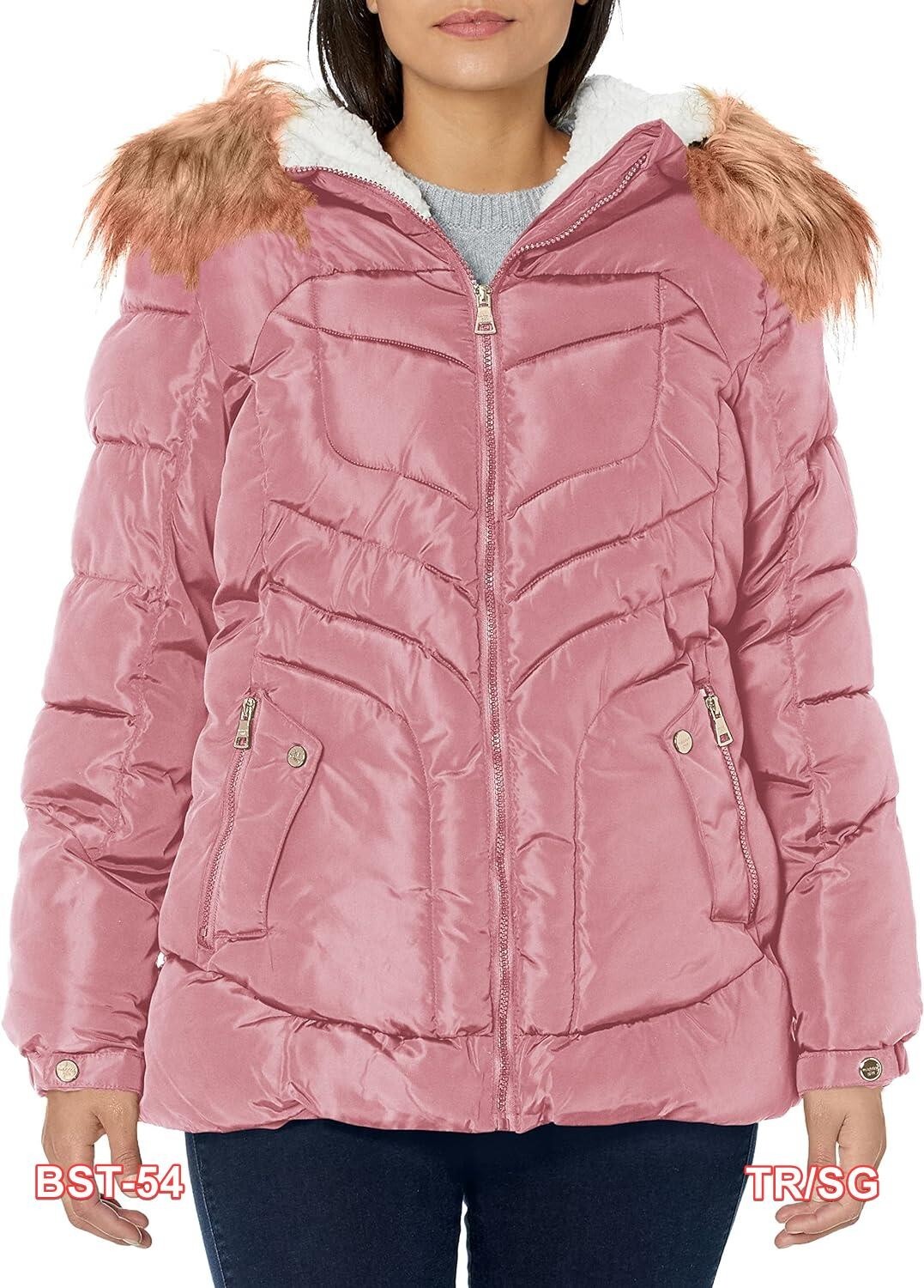 Steve Madden Women's Puffer, Warm Stylish Jacket With Fox Fur, DK Dusty Rose, S