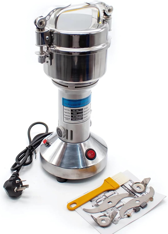 High Speed Electric Grain Mill Grinder – Silver 150G Capacity Flour Grinder with 304 Stainless Steel Blades and Accessories Compact Automatic Grain Mill for Flour Nuts Spices Coffee Herbs
