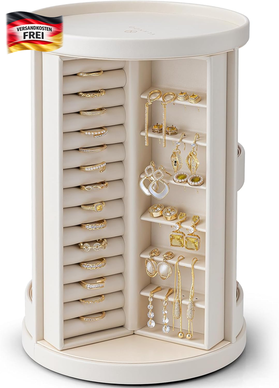 Schmuckkästchen 360° drehbar mit 6 Halskettenhaken vertikale Schmuckaufbewahrung offen beige