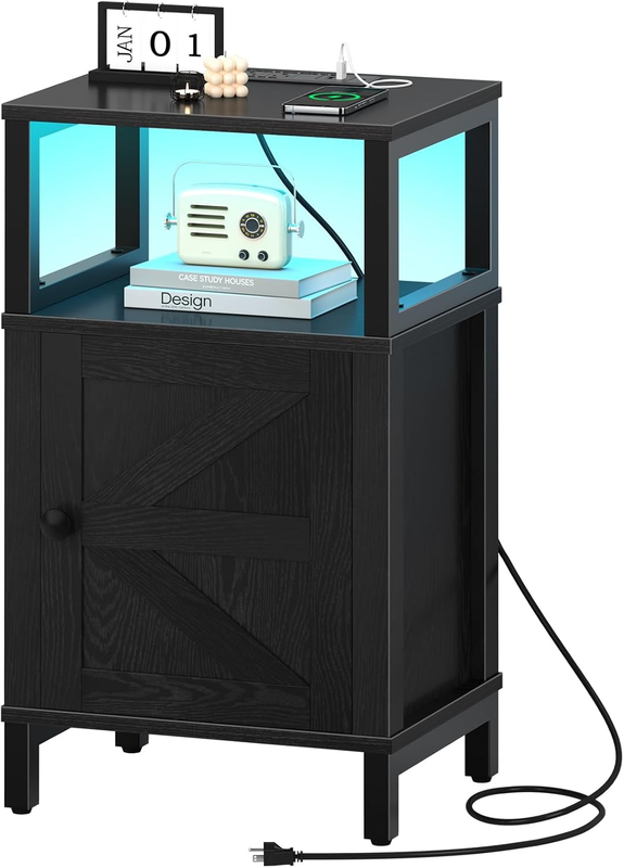 Farmhouse Nightstand with Charging Station，Wood Night Stand End with USB Ports, LED Bed Side Table with Storage Cabinet，Bedside Table for Bedroom, Living Room Black