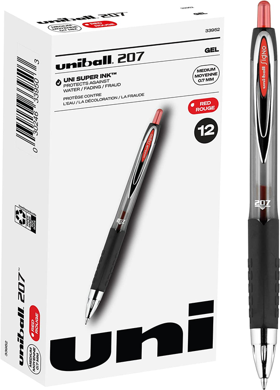 Uniball Signo 207 Gel Pen 12 Pack, 0.7Mm Medium Red Pens, Ge