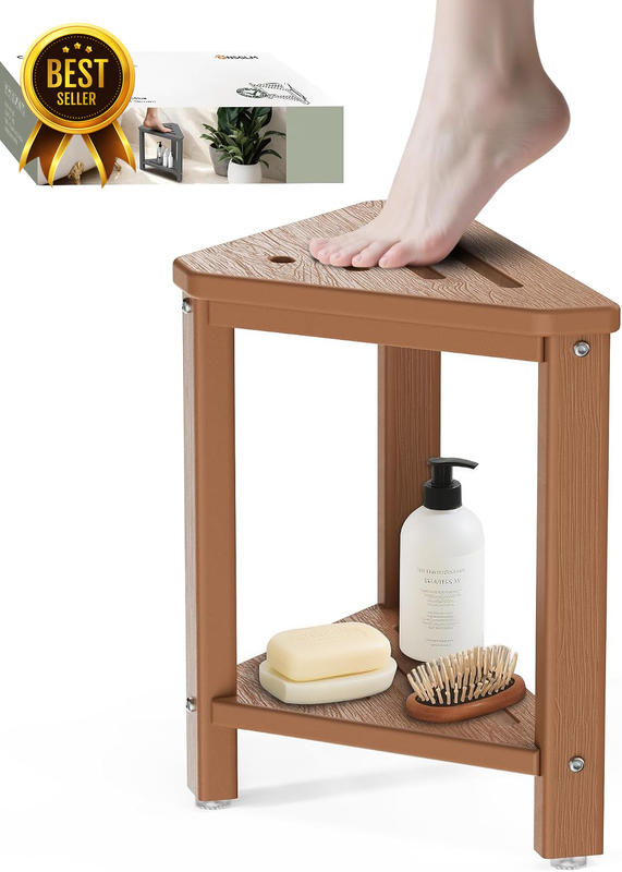 HDPE Waterproof Corner Shower Foot Rest Stool with Storage Shelf 15