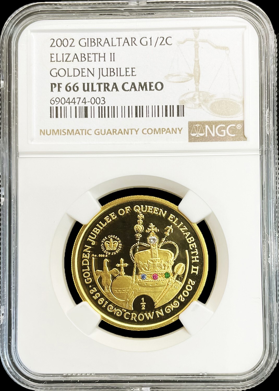 2002 GOLD GIBRALTAR 1/2 OZ GOLDEN JUBILEE CROWNED JEWELS NGC
