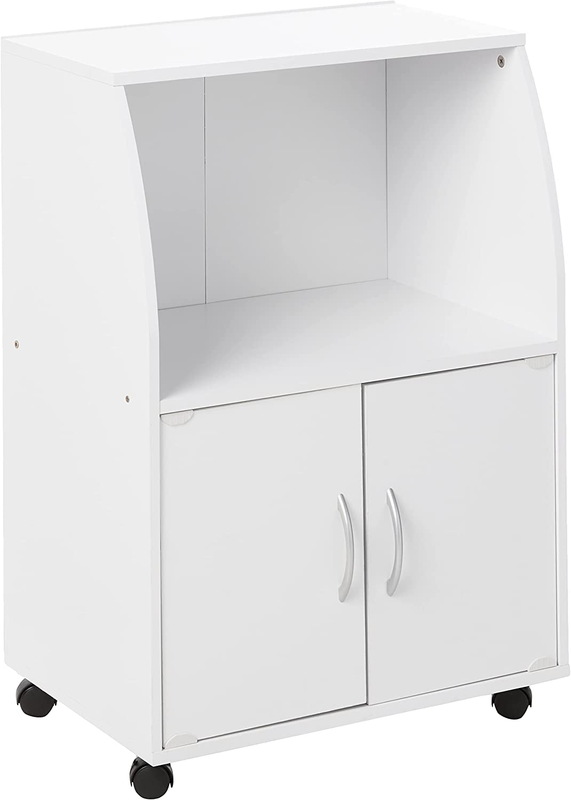 Hodedah Mini Microwave Cart with Two Doors and Shelf for Storage White + Beech