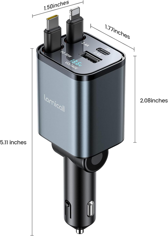 4 in 1 Retractable Car Charger Adapter - 69W [Voltage Display] [50% Smaller] Fas