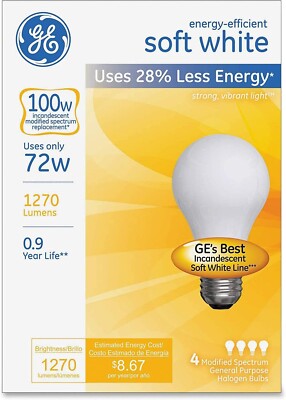 GE 100w LIGHT BULB USES 72w - Medium Base Soft White A19 - 4 Count -NEW-FREESHIP