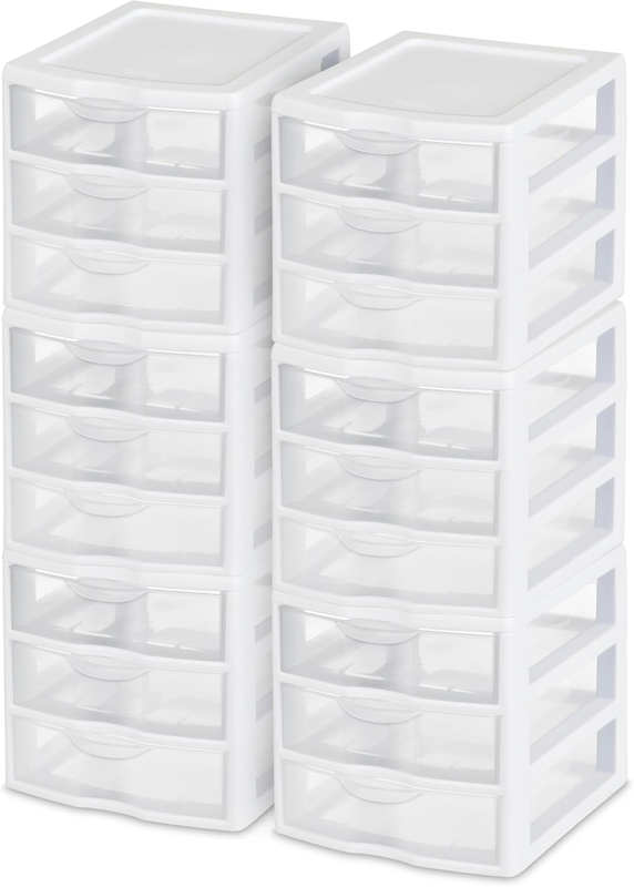 6-Pack Clearview 3-Drawer Cart, Small Plastic Storage Organizer Drawers, White - Organizing Drawer Containers for Bathroom, Closet, Kitchen, and Bedroom