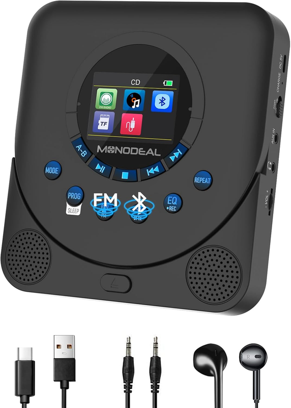 CD Player Portable, Dual Stereo with CD Player with Speakers,Rechargeable CD Player Bluetooth,Support TF Card,Fm Receiver and Transmitter,Walkman CD Player with Sleep Timer,Colorful TFT Screen