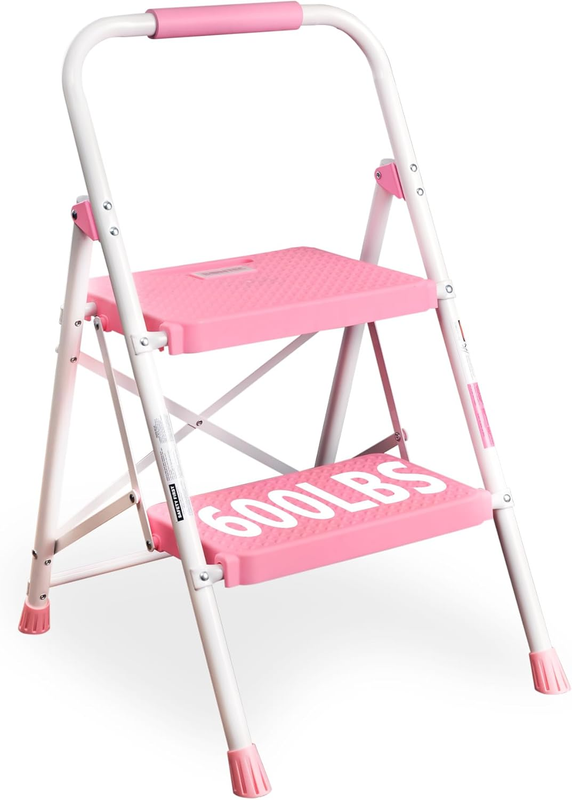 2-Step Ladder, Folding Step Stools for Adults with Wide Anti-Slip Pedals, Max Load Capacity 600Lbs Sturdy Steel Ladder, Lightweight, Convenient Handle, Portable Steel Step Stool, Pink