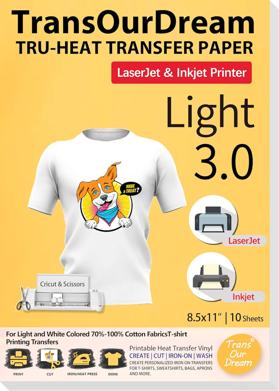 Iron on Heat Transfer Paper for Light T Shirts (10 Sheets 8.5x11", 3.0) Printabl