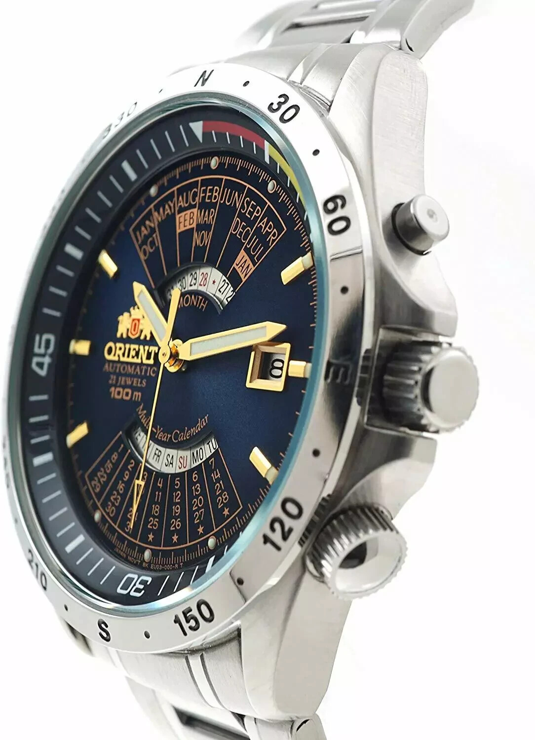 Pre-owned Orient Classic Automatic Multi-year Calendar Blue Dial Mens Watch Eu03002d