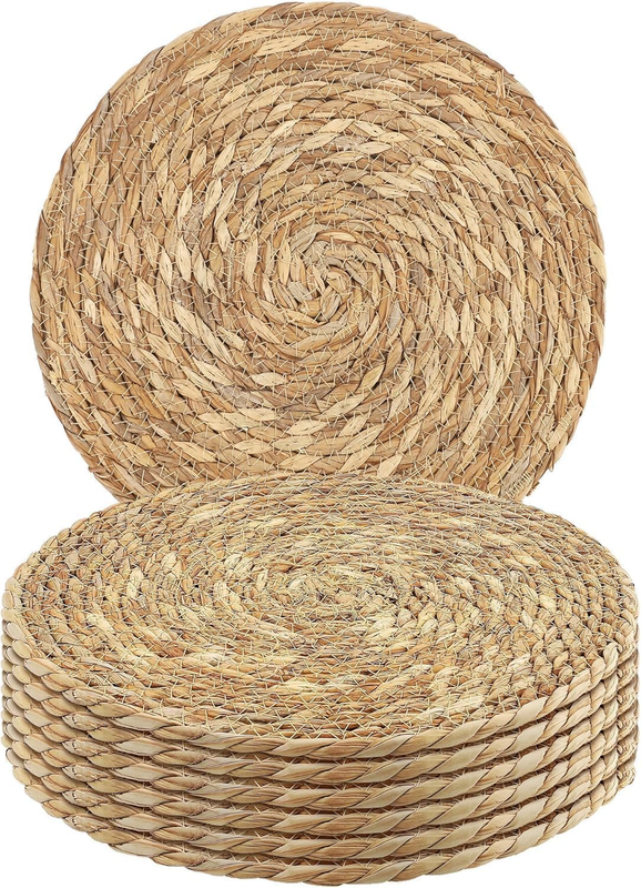 Set of 6 round Woven Placemats - 13.8 Inches Natural Boho Rattan Wicker Table Ma
