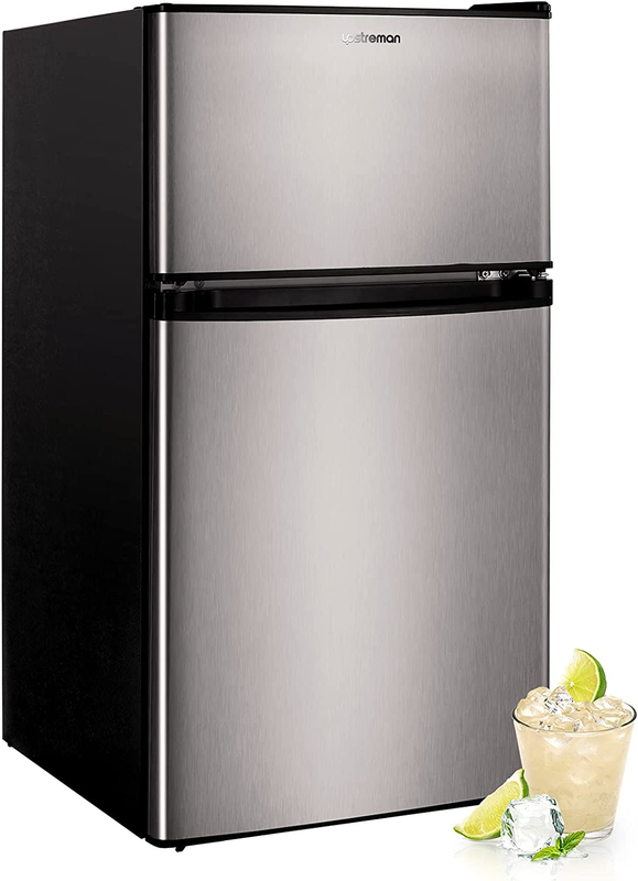 3.2 Cu.Ft Mini Fridge with Freezer, Stainless Steel 2 Door, Adjustable Thermosta