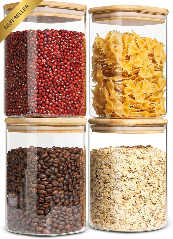 Glass Storage Containers with Lids, 1.1L Glass Jars with Bamboo Lids, Clear Food