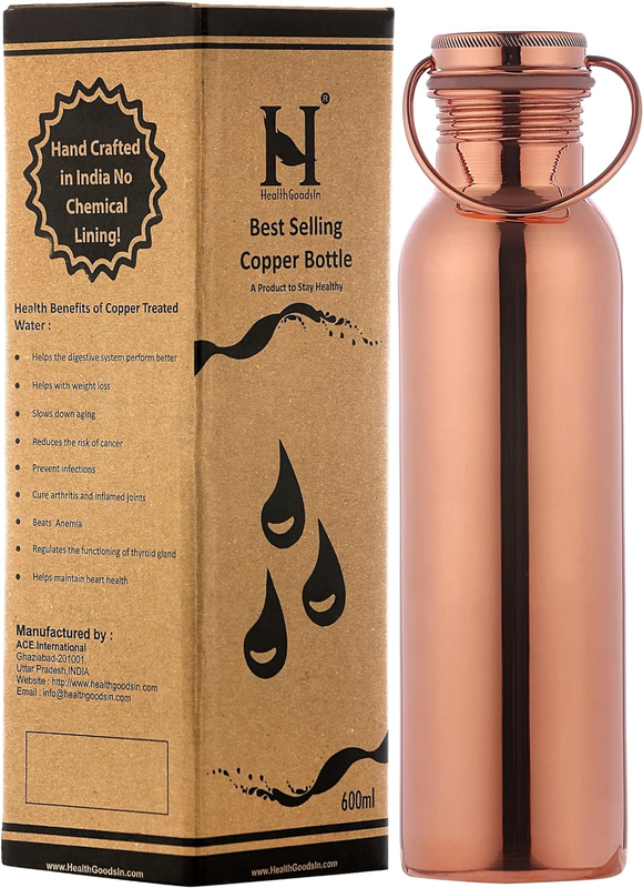 Pure Copper Water Bottle with Handle, 600 Ml, UNLINED, UNCOATED