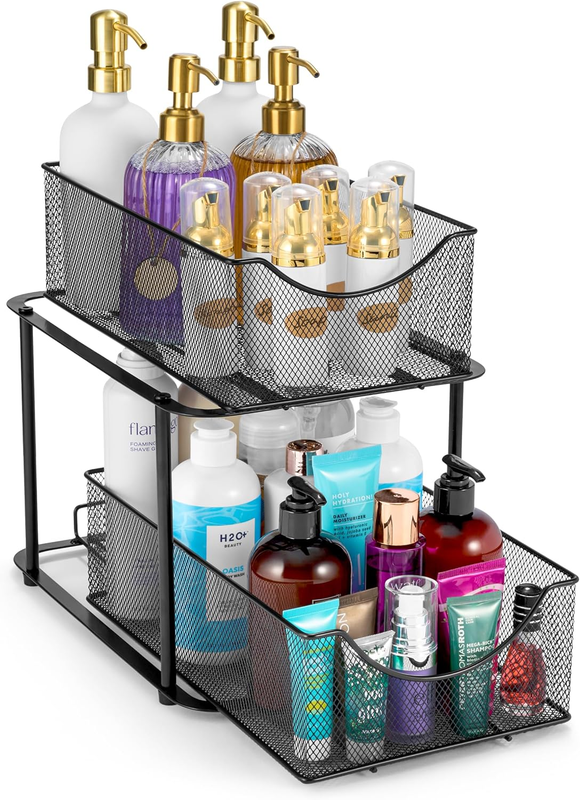 2 Tier under the Sink Organizer Baskets with Mesh Sliding Drawers —Ideal for Cab