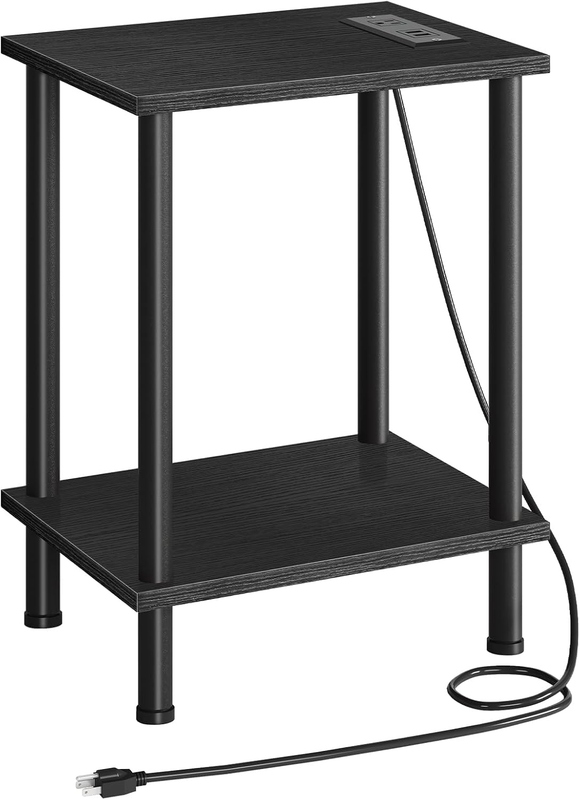 Side Table with Charging Station, End Tables with USB Ports and Outlets, Nightstand with 2-Layer Storage Shelves for Small Spaces, Living Room, Bedroom, Black BK09UBZ01