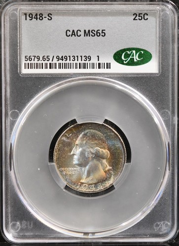 1948‑S Washington Quarter — CAC MS65 ~ 90% Silver ~ Full Rainbow W / Video