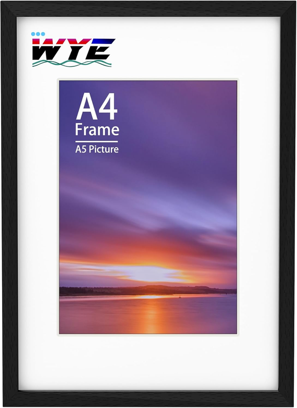 Wyewye A4 Frame Wooden Photo Frames with A5 Mount, A4 Picture Frames with Stand Tabletop or Wall Hanging, A4 Black Frame Poster Frame with Plexiglass Window, Black